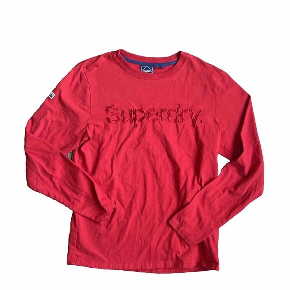 Superdry Mens Shirt Graphic Long Sleeve Crew Neck Embroidered Tee Red Casual - Picture 1 of 7